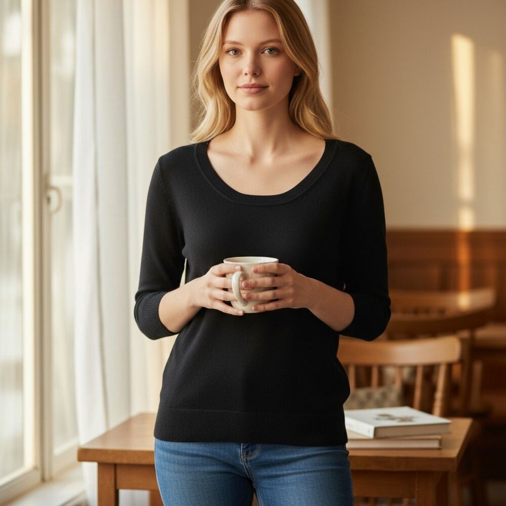 Investments Womens Black Pullover Scoop Neck 3/4 Sleeve Sweater Size 1X
